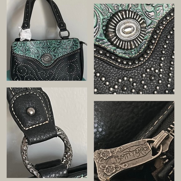 New Trinity Ranch by Montana West Tooled Pebbled Leather Studded Shoulder Bag - Picture 2 of 15